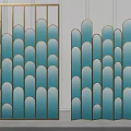 Modern Interior Room Divider With Golden Frame And Blue Scalloped Panels