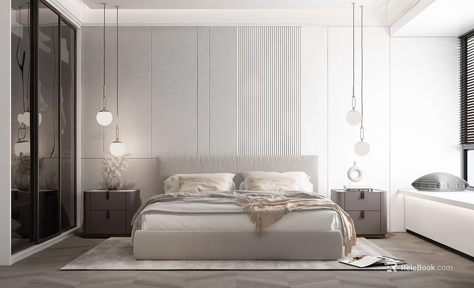 Modern Bedroom Interior Design With Paneled Walls Pendant Lights Plush Headboard Pillows And Area Rug 3d model 