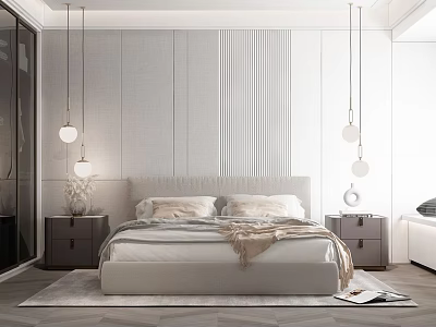 Modern Bedroom Interior Design With Paneled Walls Pendant Lights Plush Headboard Pillows And Area Rug 3d model