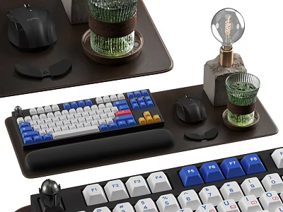 Ergonomic Computer Peripherals Setup Featuring Mechanical Keyboard Blue White Keycaps Mouse And Wrist Rest 3d model