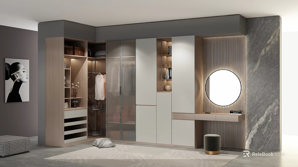 Modern Wardrobe Design With Glass Doors Light Wood White Dressing Table Round Mirror Drawers 3d model 
