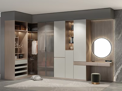 Modern Wardrobe Design With Glass Doors Light Wood White Dressing Table Round Mirror Drawers 3d model
