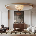 Modern Living Room Interior With Round Ceiling Light Wooden Cabinet White Sofa And Black Chairs