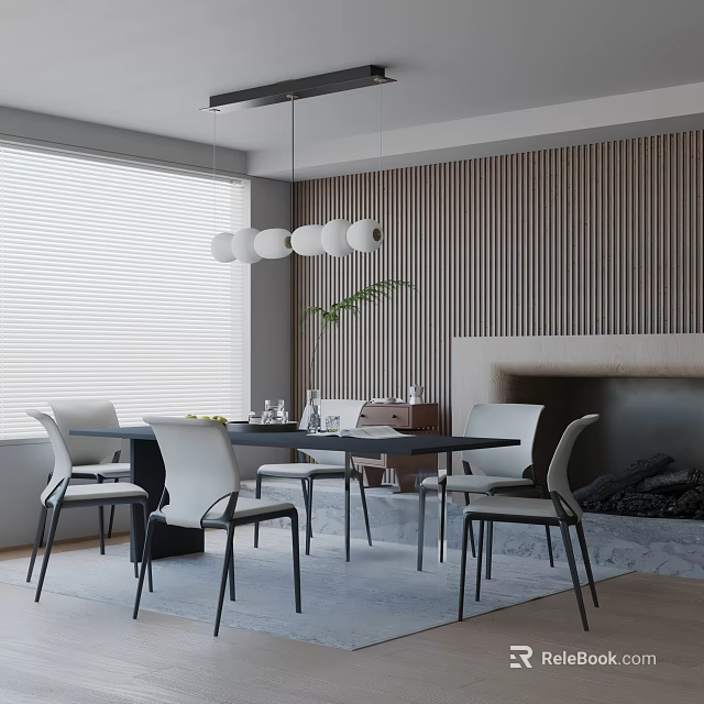 Modern Minimalist Dining Table Set With White Chairs Pendant Lights Vertical Slat Wall And Fireplace 3d model 