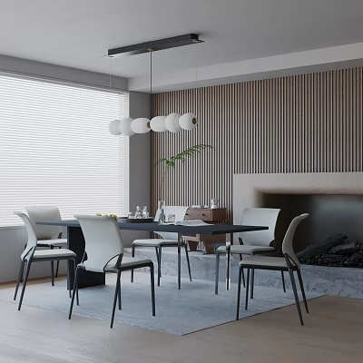 Modern Minimalist Dining Table Set With White Chairs Pendant Lights Vertical Slat Wall And Fireplace 3d model