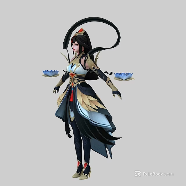 Woman With Long Black Hair Red Headpiece In Flowing Gold White Outfit Holding Blue Lotus 3d model 
