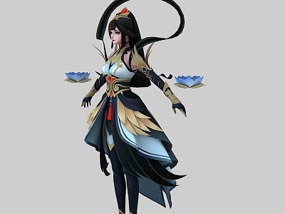 Woman With Long Black Hair Red Headpiece In Flowing Gold White Outfit Holding Blue Lotus 3d model