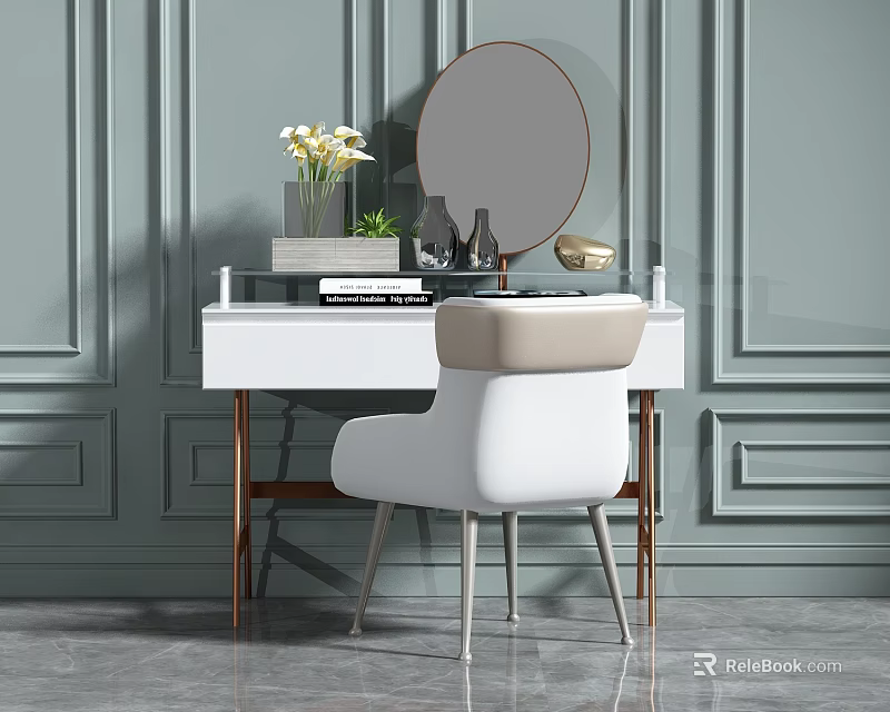 Elegant Modern White Dressing Table With Round Mirror And Beige Chair On Gray Wall 3d model 