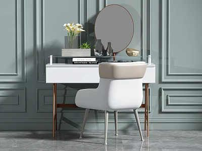 Elegant Modern White Dressing Table With Round Mirror And Beige Chair On Gray Wall 3d model