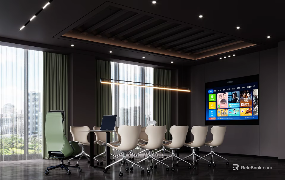 Modern Conference Room Interior Design With Large Screen TV Table Chairs And Windows 3d model 