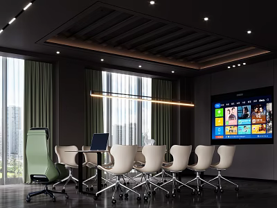 Modern Conference Room Interior Design With Large Screen TV Table Chairs And Windows 3d model