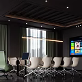 Modern Conference Room Interior Design With Large Screen TV Table Chairs And Windows