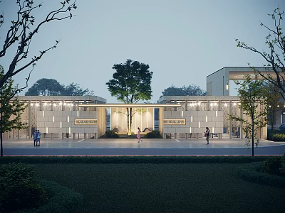 Evening View Of Modern Residential Building With Courtyard Trees People Walking And Exterior Lighting 3d model