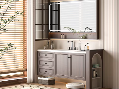 Modern Bathroom Vanity with Storage Cabinets Large Mirror Above and Potted Plant Near Window 3d model