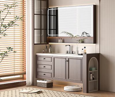 Modern Bathroom Vanity with Storage Cabinets Large Mirror Above and Potted Plant Near Window 3d model