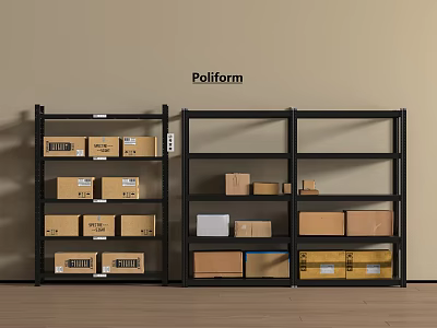Black Metal Storage Shelves Loaded With Cardboard Boxes In Storage Room 3d model