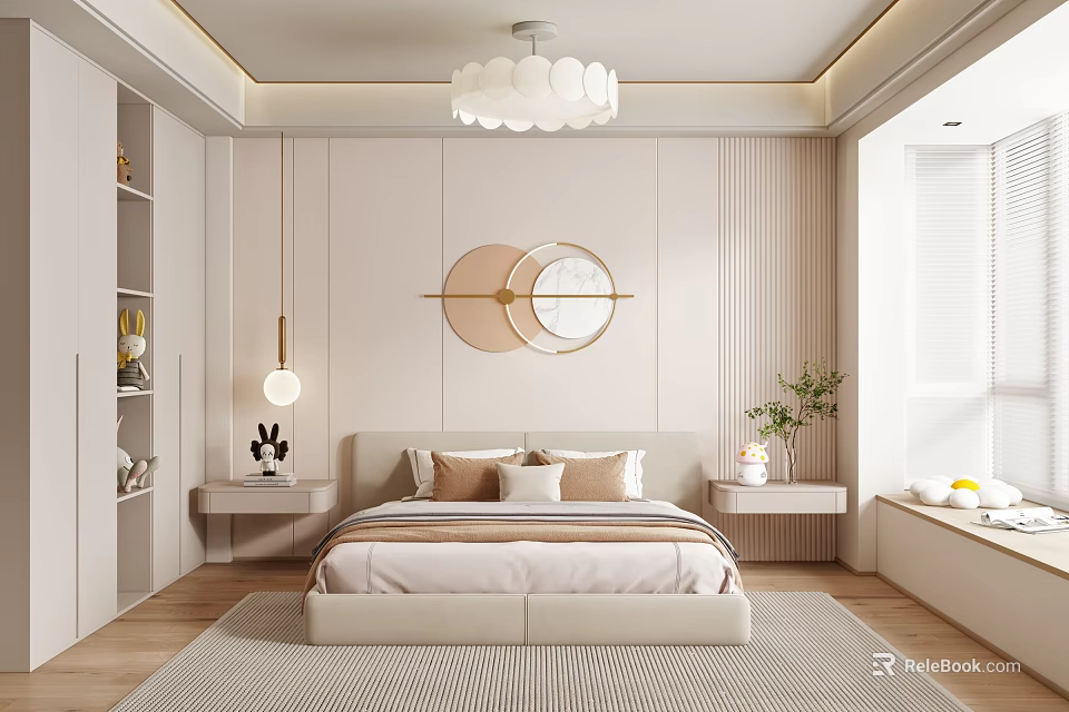 Modern Bedroom Interior With Minimalist Bed Round Mirror Chandelier And Window Blinds 3d model 