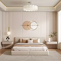 Modern Bedroom Interior With Minimalist Bed Round Mirror Chandelier And Window Blinds