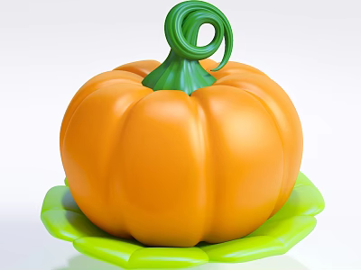 Orange Pumpkin Shaped Dessert With Green Curly Stem On Leaf Shaped Plate 3d model