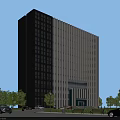 Tall Modern Office Building With Black And White Striped Facade Surrounded By Trees And Cars