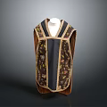 Elegant Embroidered Vest With Dark Blue Fabric And Gold Trim Floral Patterns