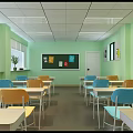 Cozy School Lounge With Green Chairs Round White Tables Wooden Bookshelves And Hanging Plants