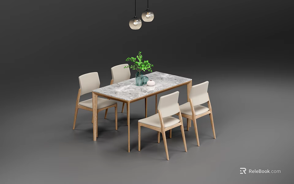 Modern Dining Table Set With Rectangular Top Four Chairs Green Plant And Pendant Lights 3d model