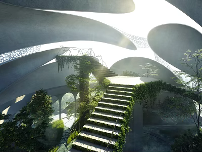 Scenic Modern Landscape with Curved Gray Roofs Sunlight and Greenery Covered Staircase Trees Vines 3d model
