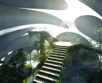 Scenic Modern Landscape with Curved Gray Roofs Sunlight and Greenery Covered Staircase Trees Vines 3d model