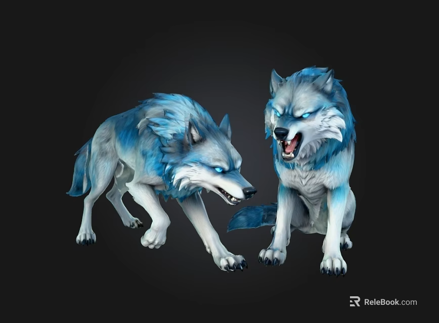 Blue Gray Wolves Sculptures With Dynamic Roaring And Growling Poses 3d model 