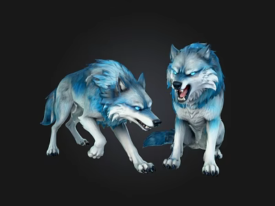 Blue Gray Wolves Sculptures With Dynamic Roaring And Growling Poses 3d model