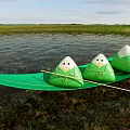 Clear Water Surface With Green Leaf Boat Floating Three Green Wrapped Parcels And Grassland