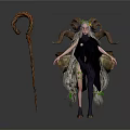 Fantasy Female Character With Ram Horns Long Hair Black Dress And Staff