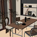 Modern Wooden Dining Table Set With Chairs Open Book Coffee Cup And Decorative Shelves