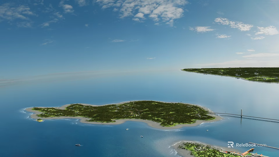 Garden Landscape on Island with Green Vegetation Blue Sea and Bridge under Blue Sky 3d model 