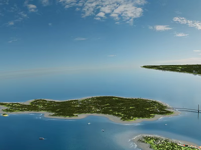 Garden Landscape on Island with Green Vegetation Blue Sea and Bridge under Blue Sky 3d model