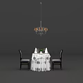 Dining Table Set With White Tablecloth Tableware Dark Chairs And Chandelier 3d model
