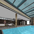Modern Swimming Pool Interior With Loungers Green Plant Wall And Stairs