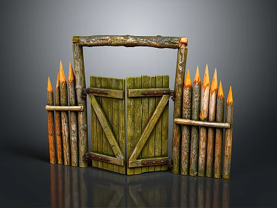 Rustic Wooden Gate With Fence And Torches In Outdoor Decorative Setting 3d model