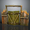 Rustic Wooden Gate With Fence And Torches In Outdoor Decorative Setting