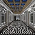 Luxurious Elevator Hallway With Golden Accents Blue Ceiling White Decorations And Black White Geometric Floor
