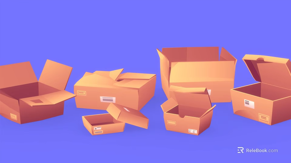 Assorted Decorative Ornament Sets In Open Cardboard Boxes With Purple Background 3d model