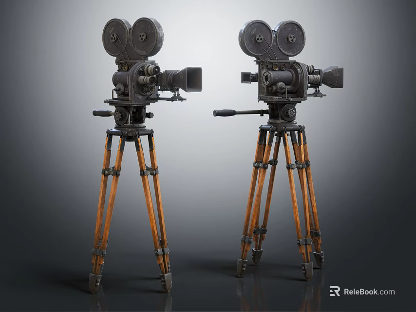Projection Monitoring System with Two Vintage Film Cameras on Black and Orange Tripods 3d model 