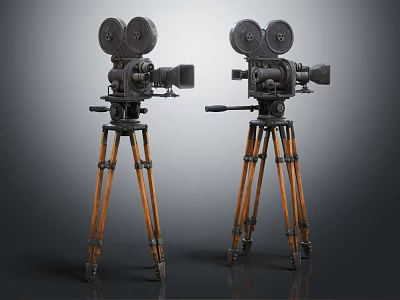 Projection Monitoring System with Two Vintage Film Cameras on Black and Orange Tripods 3d model