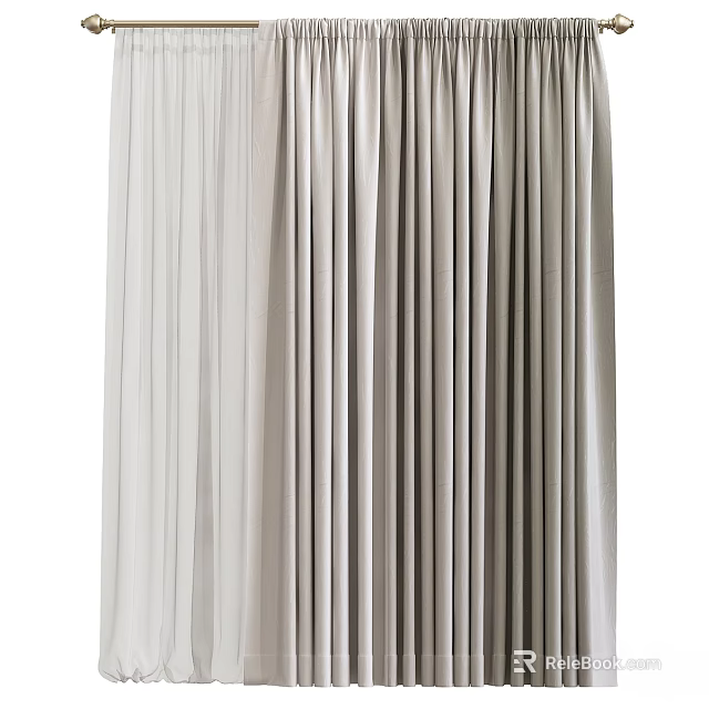 Elegant Light Beige And Gray Pleated Fabric Window Curtains With Soft Texture 3d model 