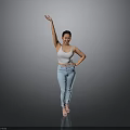 Woman In White Tank Top And Blue Jeans Raising Arm In Standing Pose