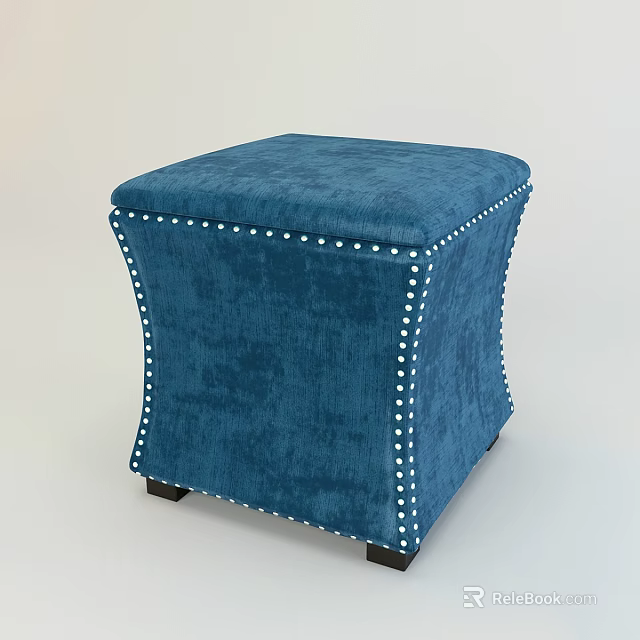 Blue Upholstered Square Ottoman With White Studded Trim And Wooden Legs 3d model 