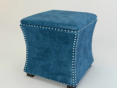 Blue Upholstered Square Ottoman With White Studded Trim And Wooden Legs 3d model