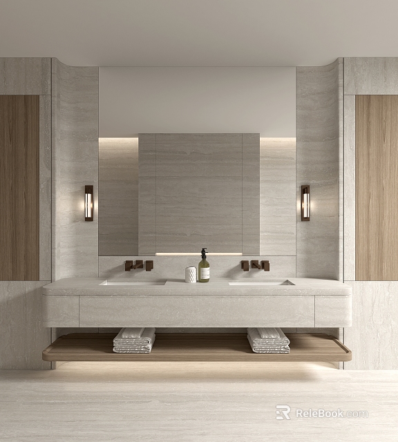 Modern Bathroom Interior With Double Vanity Marble Countertop Wall-Mounted Lights Large Mirror And Wooden Elements 3d model 