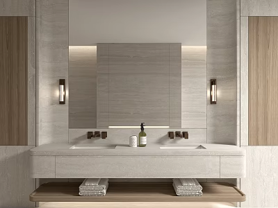Modern Bathroom Interior With Double Vanity Marble Countertop Wall-Mounted Lights Large Mirror And Wooden Elements 3d model